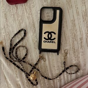 CHANEL Black and Cream Phone Case with Chain